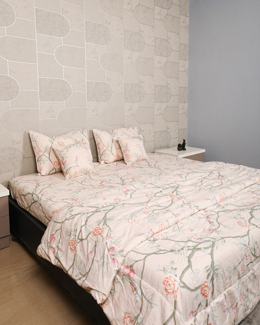 MARIGOLD - 6 Pc Bedset | Bedsheet, Comforter, Pillow Cover & Cushions (Birds on Branches)