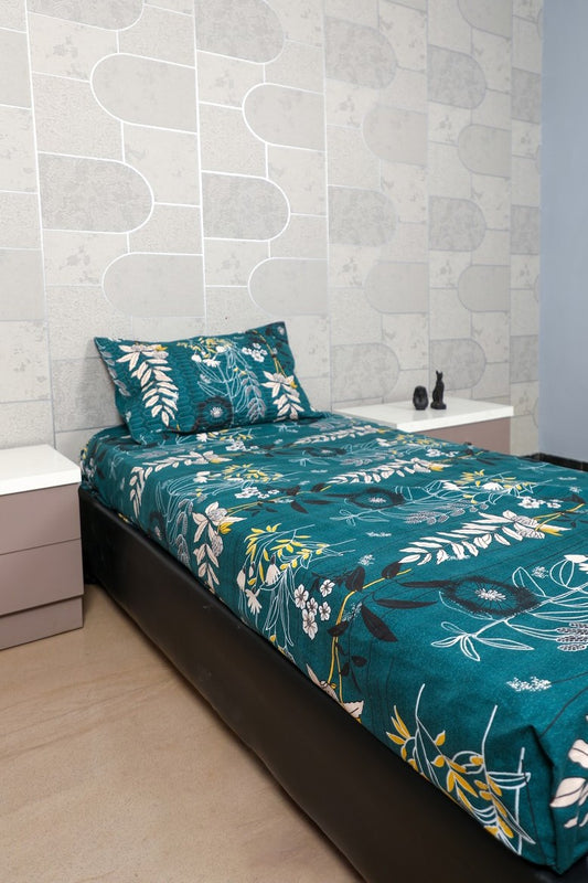 Anthurium - SINGLE BEDSHEET WITH QUILTED PILLOW COVER (Dark Green Colour)