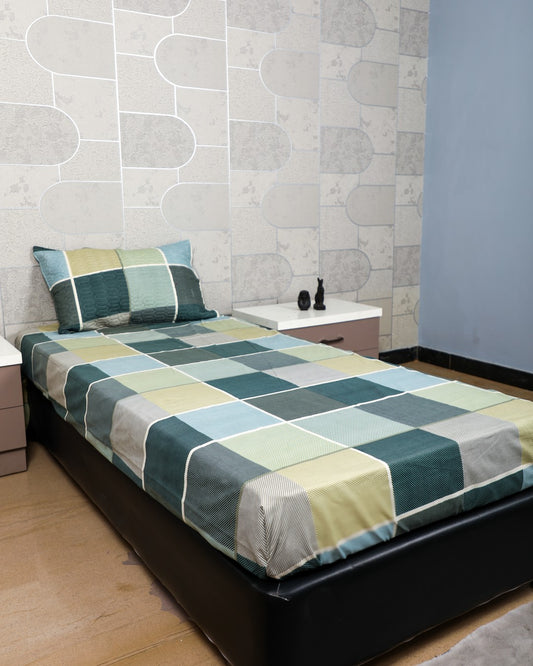 Anthurium - SINGLE BEDSHEET WITH QUILTED PILLOW COVER (Check Green)