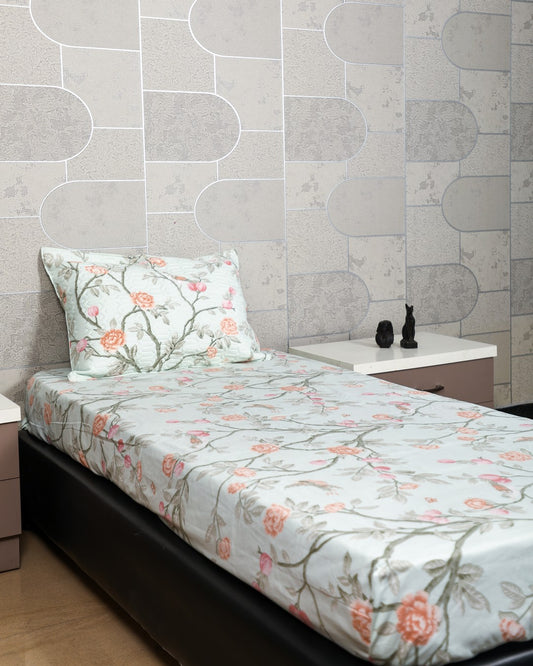 Anthurium - SINGLE BEDSHEET WITH QUILTED PILLOW COVER (Pastel Green)