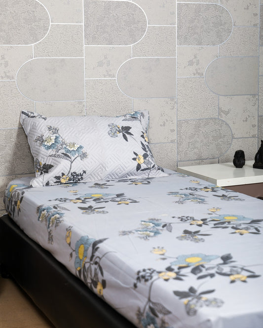 Anthurium - SINGLE BEDSHEET WITH QUILTED PILLOW COVER (Gray Floral)