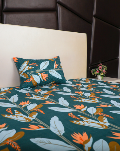 Anthurium - SINGLE BEDSHEET WITH QUILTED PILLOW COVER (Dark Green Color)