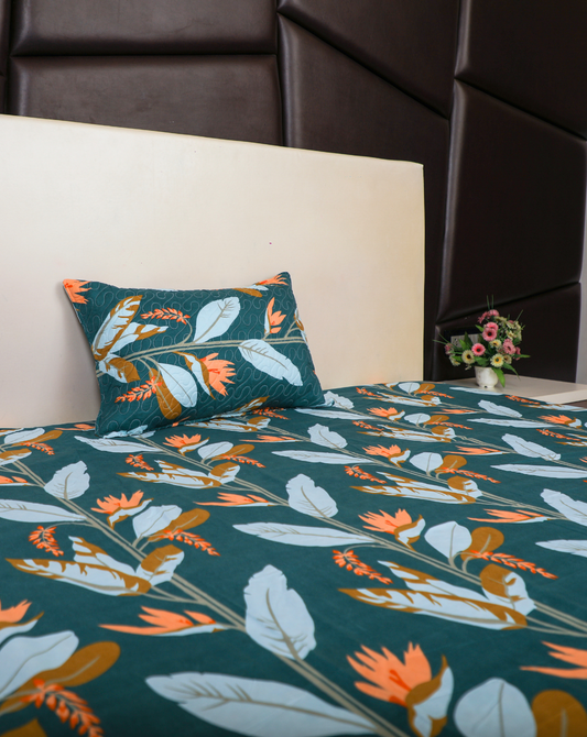 Anthurium - SINGLE BEDSHEET WITH QUILTED PILLOW COVER (Dark Green Color)
