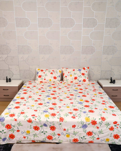Anthurium Multi-Floral King Size Bedsheet Set with Quilted Designer Pillow Covers – Premium Cotton, Soft, Breathable & Luxury Bedding for All Seasons