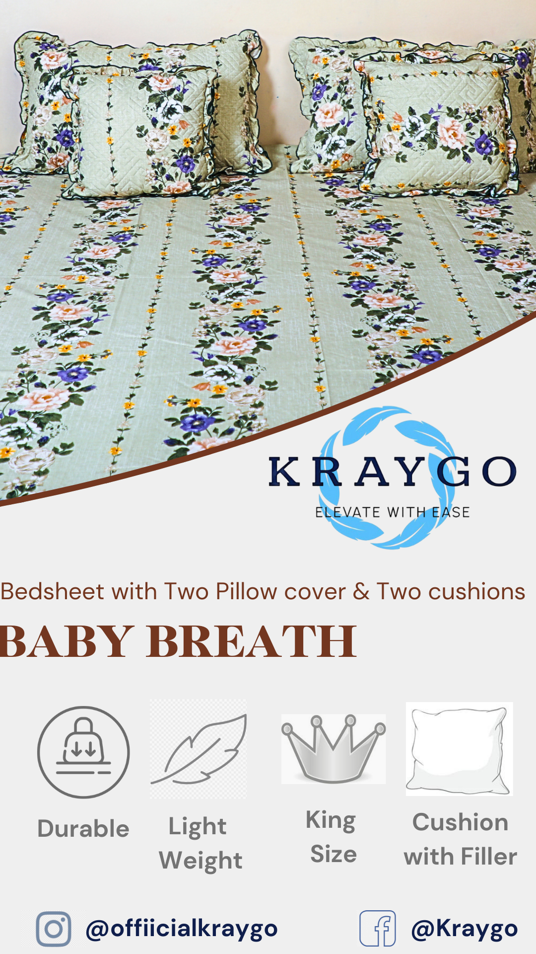 BABY BREATH - 5 Pc Bedset | Bedsheet, Pillow Cover & Cushions (Green Floral)