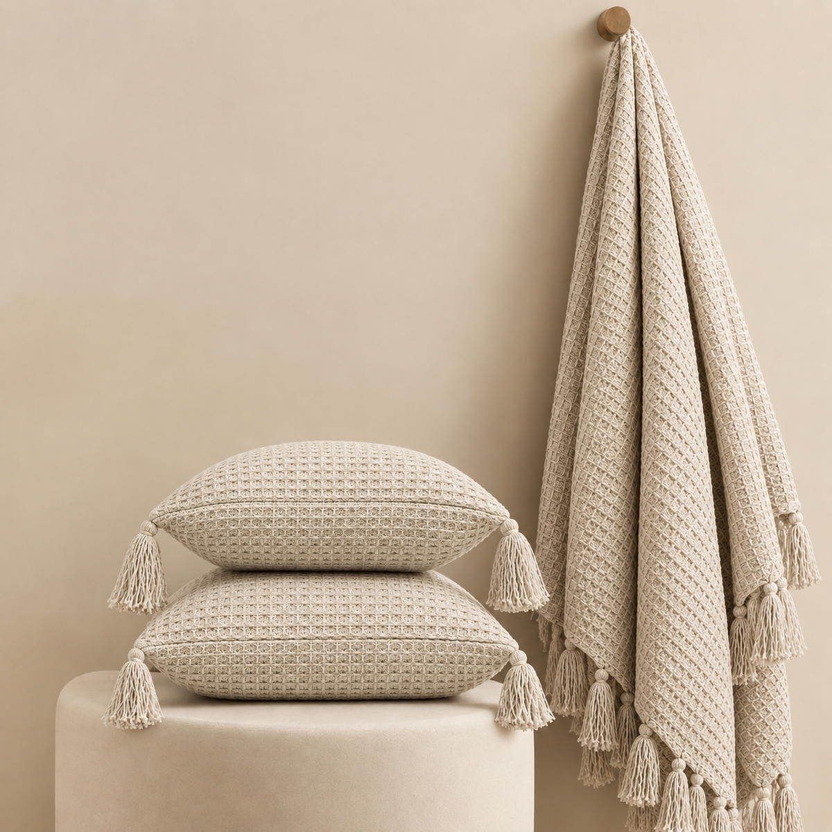 Waffle Texture Throw & Lumber Set | Soft Ivory