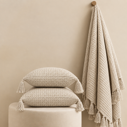 Waffle Texture Throw & Lumber Set | Soft Ivory