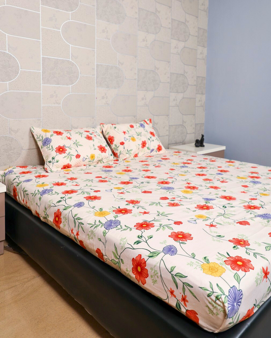 Anthurium Multi-Floral King Size Bedsheet Set with Quilted Designer Pillow Covers – Premium Cotton, Soft, Breathable & Luxury Bedding for All Seasons