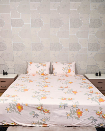 Anthurium Pastel Pink King Size Bedsheet Set with Quilted Designer Pillow Covers – Ultra-Soft, Breathable, and Luxury Bedding for All Seasons