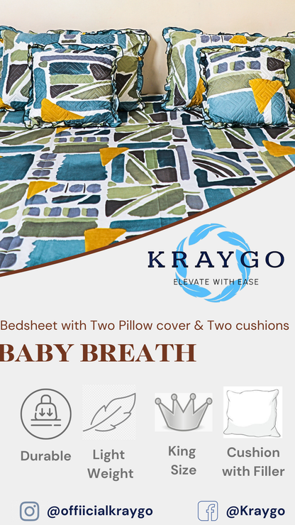 BABY BREATH - 5 Pc Bedset | Bedsheet, Pillow Cover & Cushions (Green Blue Pattern)