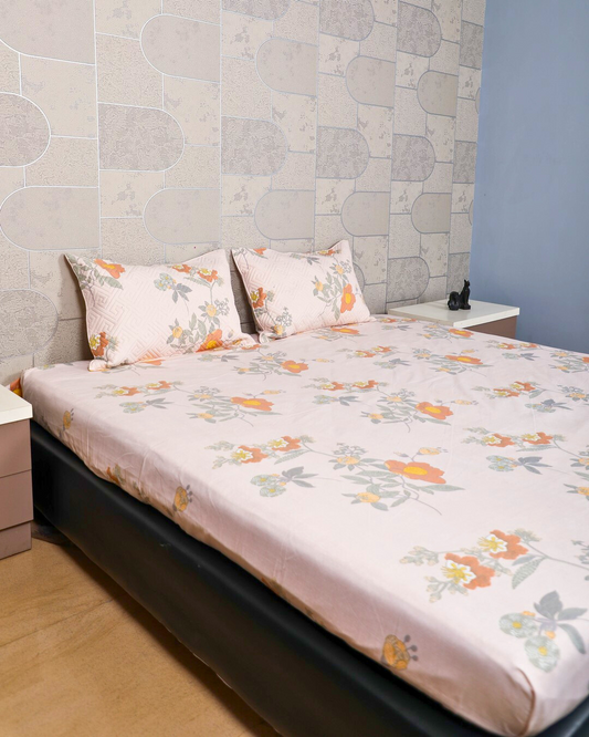 Anthurium Pastel Pink King Size Bedsheet Set with Quilted Designer Pillow Covers – Ultra-Soft, Breathable, and Luxury Bedding for All Seasons
