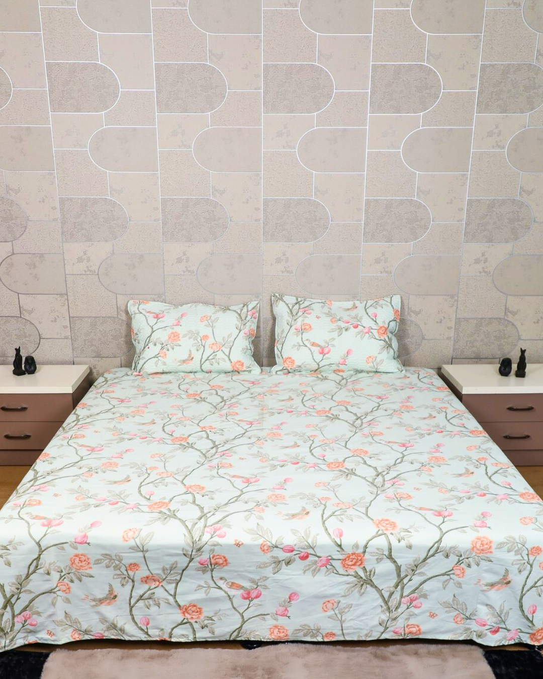 Anthurium Pastel Green King Size Bedsheet Set with Quilted Designer Pillow Covers – Ultra-Soft, Breathable, and Luxury Bedding for All Seasons