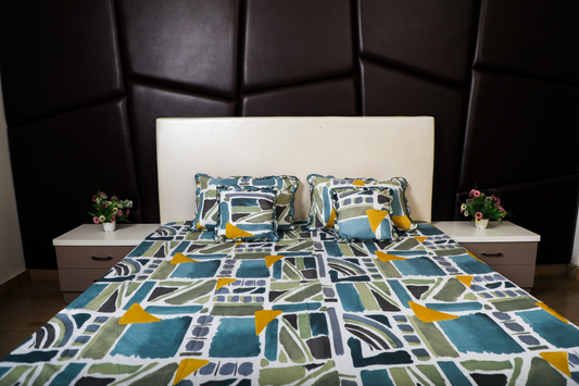 BABY BREATH - 5 Pc Bedset | Bedsheet, Pillow Cover & Cushions (Green Blue Pattern)