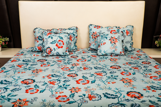 BABY BREATH - 5 Pc Bedset | Bedsheet, Pillow Cover & Cushions (Blue Floral)