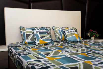 BABY BREATH - 5 Pc Bedset | Bedsheet, Pillow Cover & Cushions (Green Blue Pattern)