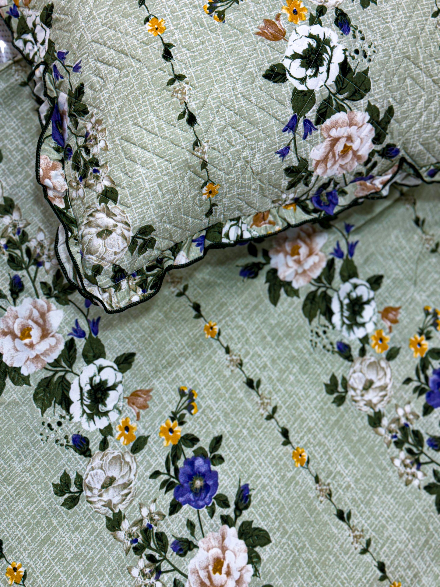 BABY BREATH - 5 Pc Bedset | Bedsheet, Pillow Cover & Cushions (Green Floral)
