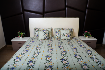 BABY BREATH - 5 Pc Bedset | Bedsheet, Pillow Cover & Cushions (Green Floral)