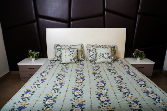BABY BREATH - 5 Pc Bedset | Bedsheet, Pillow Cover & Cushions (Green Floral)