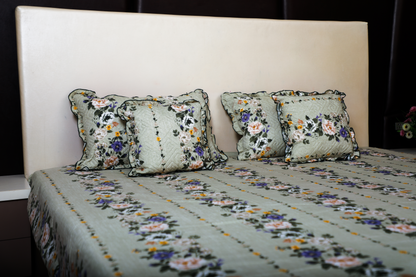 BABY BREATH - 5 Pc Bedset | Bedsheet, Pillow Cover & Cushions (Green Floral)