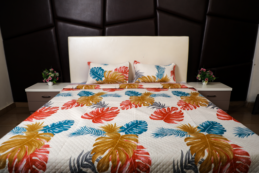 Evening Primroses - DOUBLE BED BEDCOVER/AC QUILTS  PRINTED (White, Big Leaf)