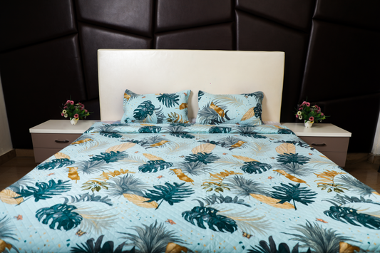 Evening Primroses -DOUBLE BED BEDCOVER/AC QUILTS  PRINTED( Blue, Big Leaf )