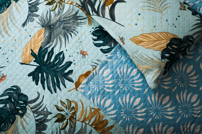 Evening Primroses -DOUBLE BED BEDCOVER/AC QUILTS  PRINTED( Blue, Big Leaf )