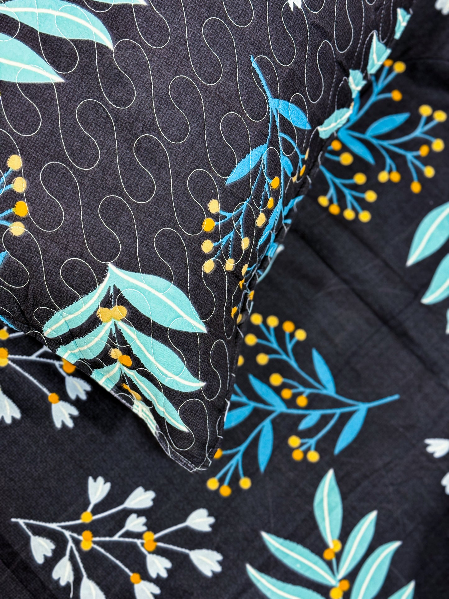 Anthurium - DOUBLE BED BEDSHEET WITH QUILTED PILLOW COVER (Dark Blue)