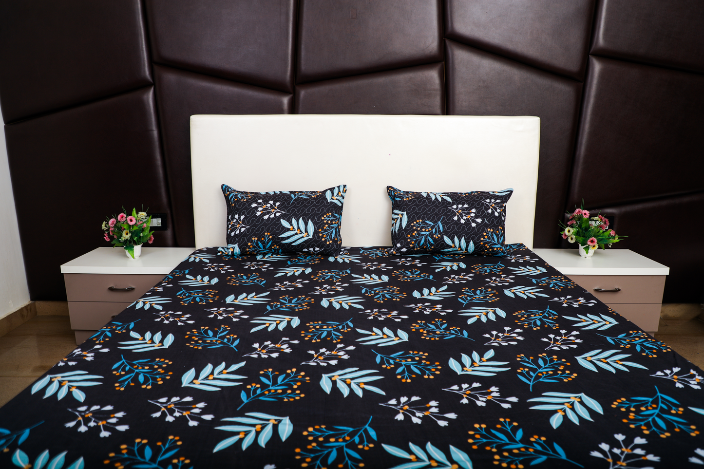 Anthurium - DOUBLE BED BEDSHEET WITH QUILTED PILLOW COVER (Dark Blue)