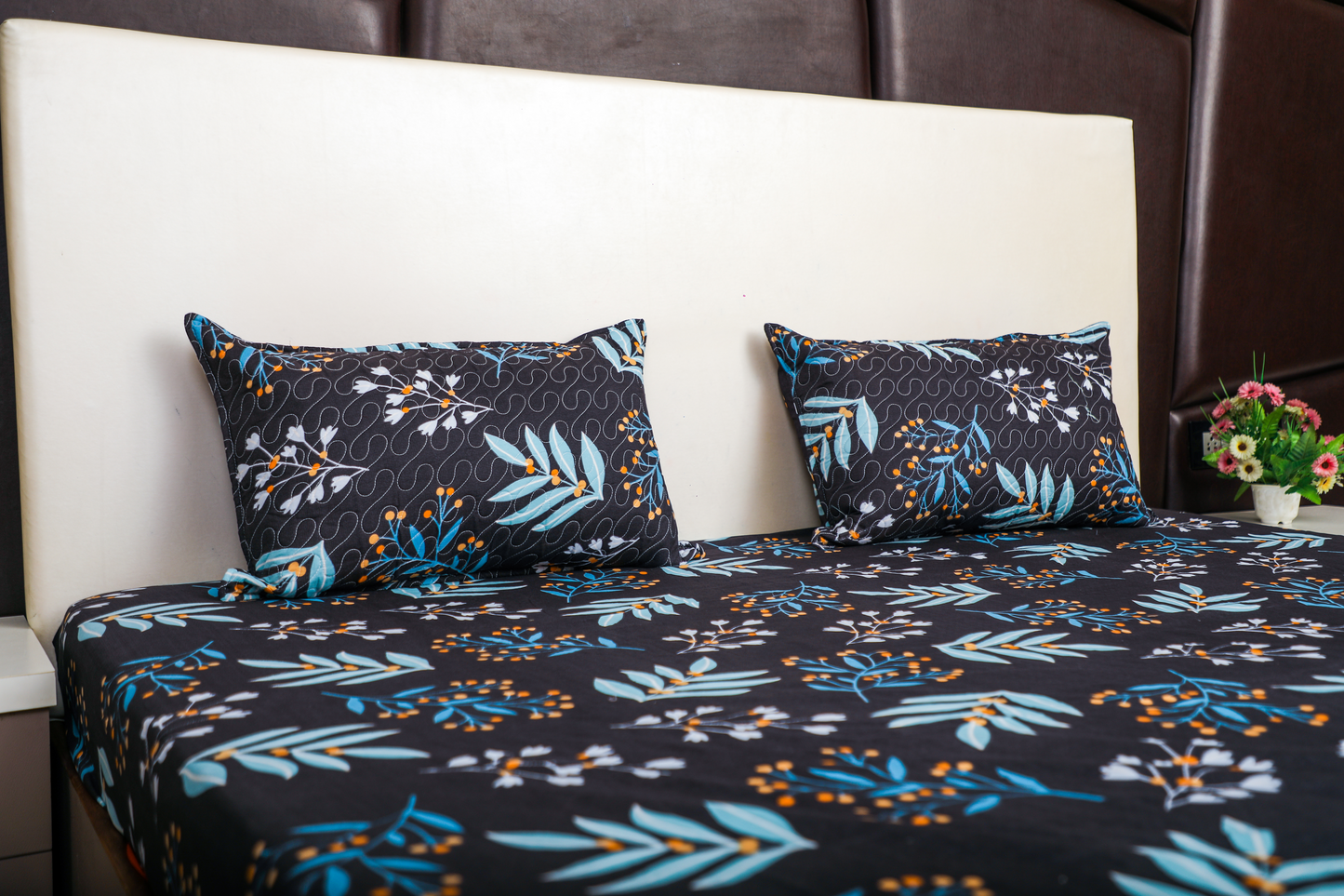 Anthurium - DOUBLE BED BEDSHEET WITH QUILTED PILLOW COVER (Dark Blue)