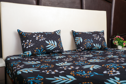 Anthurium - DOUBLE BED BEDSHEET WITH QUILTED PILLOW COVER (Dark Blue)