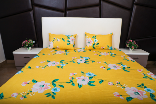 Anthurium -  DOUBLE BED BEDSHEET WITH QUILTED PILLOW COVER ( Yellow color )