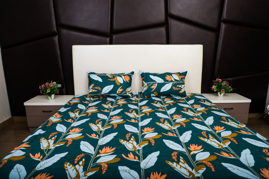 Anthurium - DOUBLE BED  BEDSHEET WITH QUILTED PILLOW COVER (Dark Green)