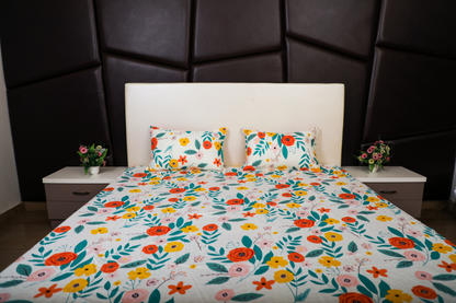 Anthurium - DOUBLE BED  BEDSHEET WITH QUILTED PILLOW COVER (Multi Floral )