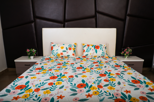 Anthurium - DOUBLE BED  BEDSHEET WITH QUILTED PILLOW COVER (Multi Floral )