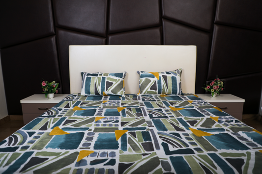 Anthurium - DOUBLE BED  BEDSHEET WITH QUILTED PILLOW COVER (Grey Blue Patch)