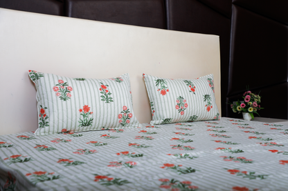 Anthurium - DOUBLE BED  BEDSHEET WITH QUILTED PILLOW COVER (Lining Green)