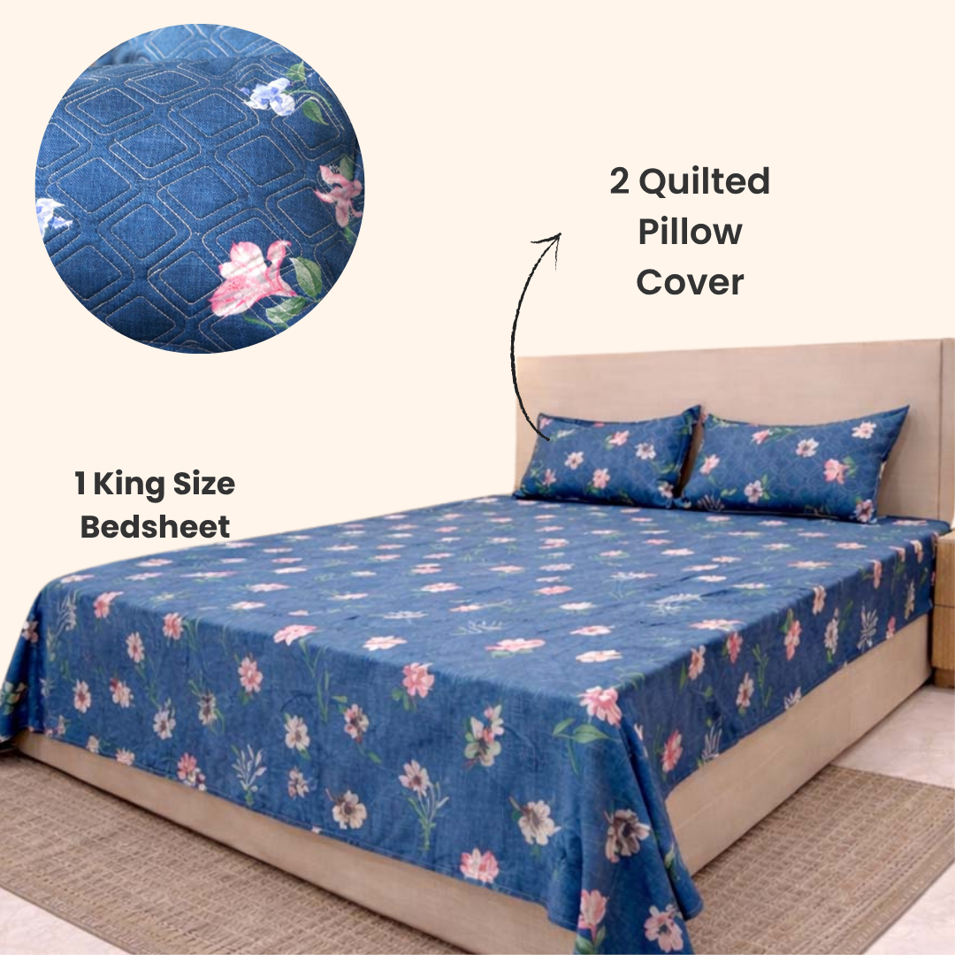 modern bedroom with king size soft cotton bedsheet floral design with pillow covers
