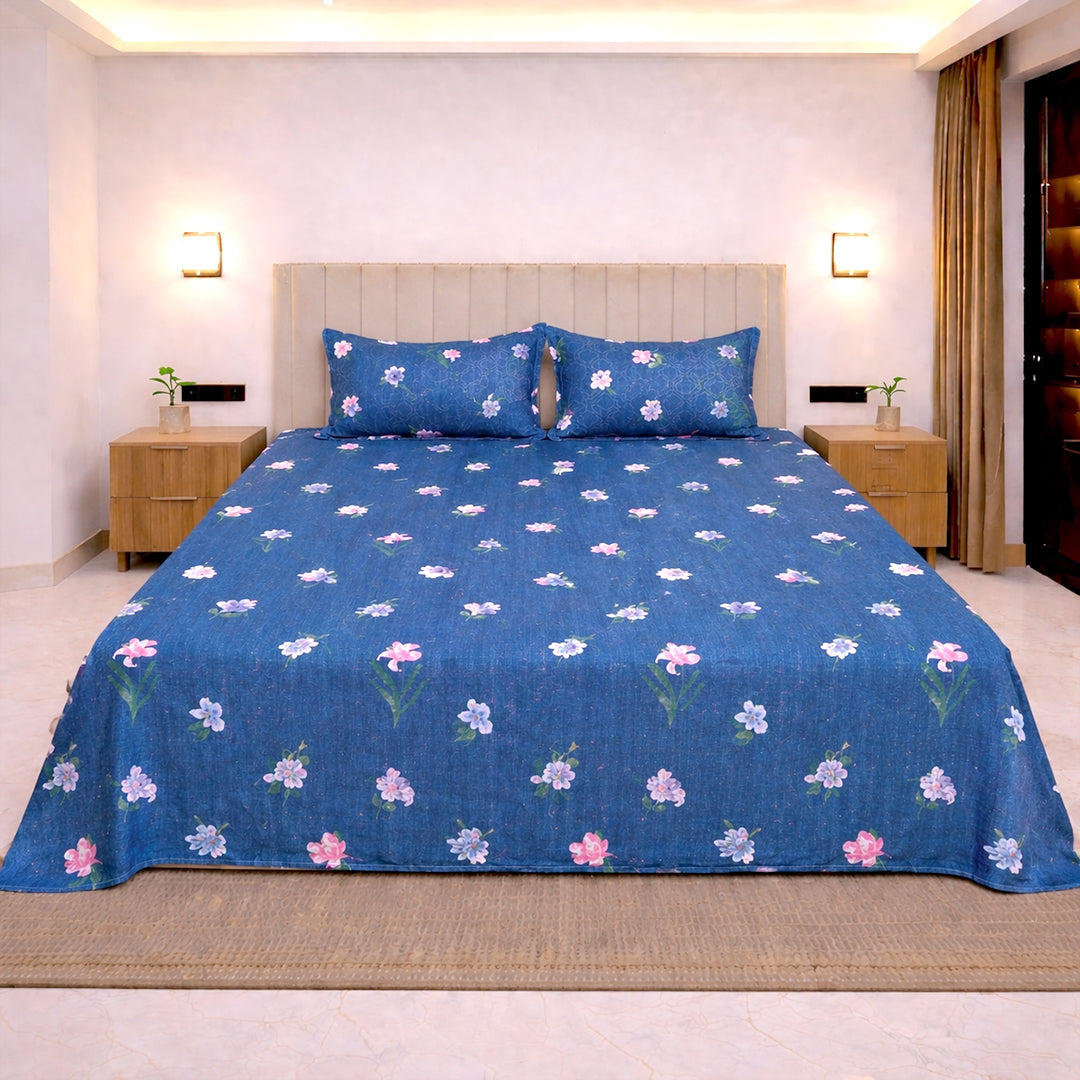 blue soft cotton fabric texture 180 GSM bedsheet breathable material close up