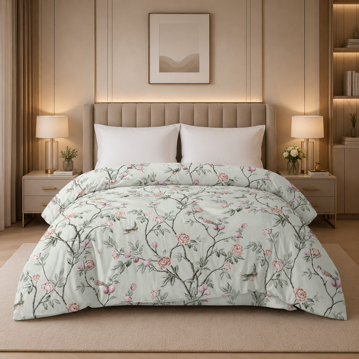 Fountain Grasses - DOUBLE BED REVERSIBLE COMFORTER (bird on branch)