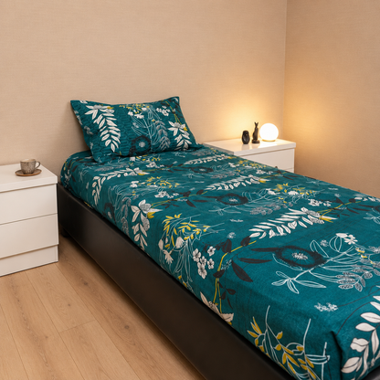 Anthurium - SINGLE BEDSHEET WITH QUILTED PILLOW COVER (Dark Green Colour)