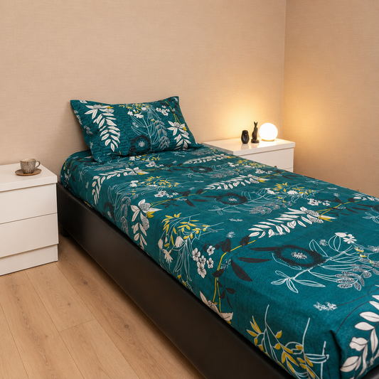 Anthurium - SINGLE BEDSHEET WITH QUILTED PILLOW COVER (Dark Green Colour)