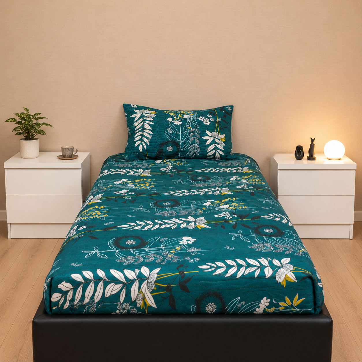 Anthurium - SINGLE BEDSHEET WITH QUILTED PILLOW COVER (Dark Green Colour)