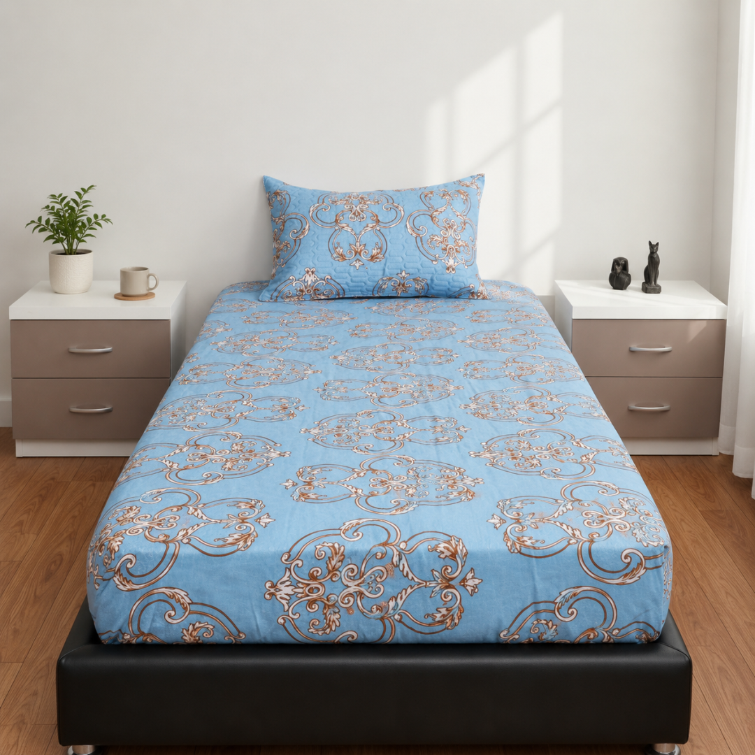 Anthurium - SINGLE BEDSHEET WITH QUILTED PILLOW COVER (Blue)