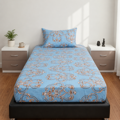 Anthurium - SINGLE BEDSHEET WITH QUILTED PILLOW COVER (Blue)