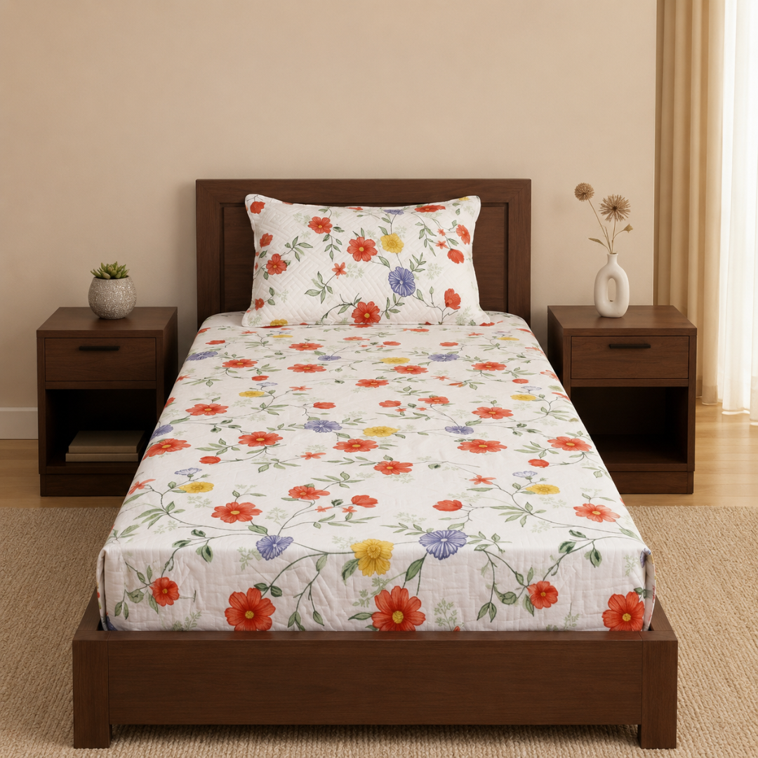 Anthurium - SINGLE BEDSHEET WITH QUILTED PILLOW COVER (Multi Floral)