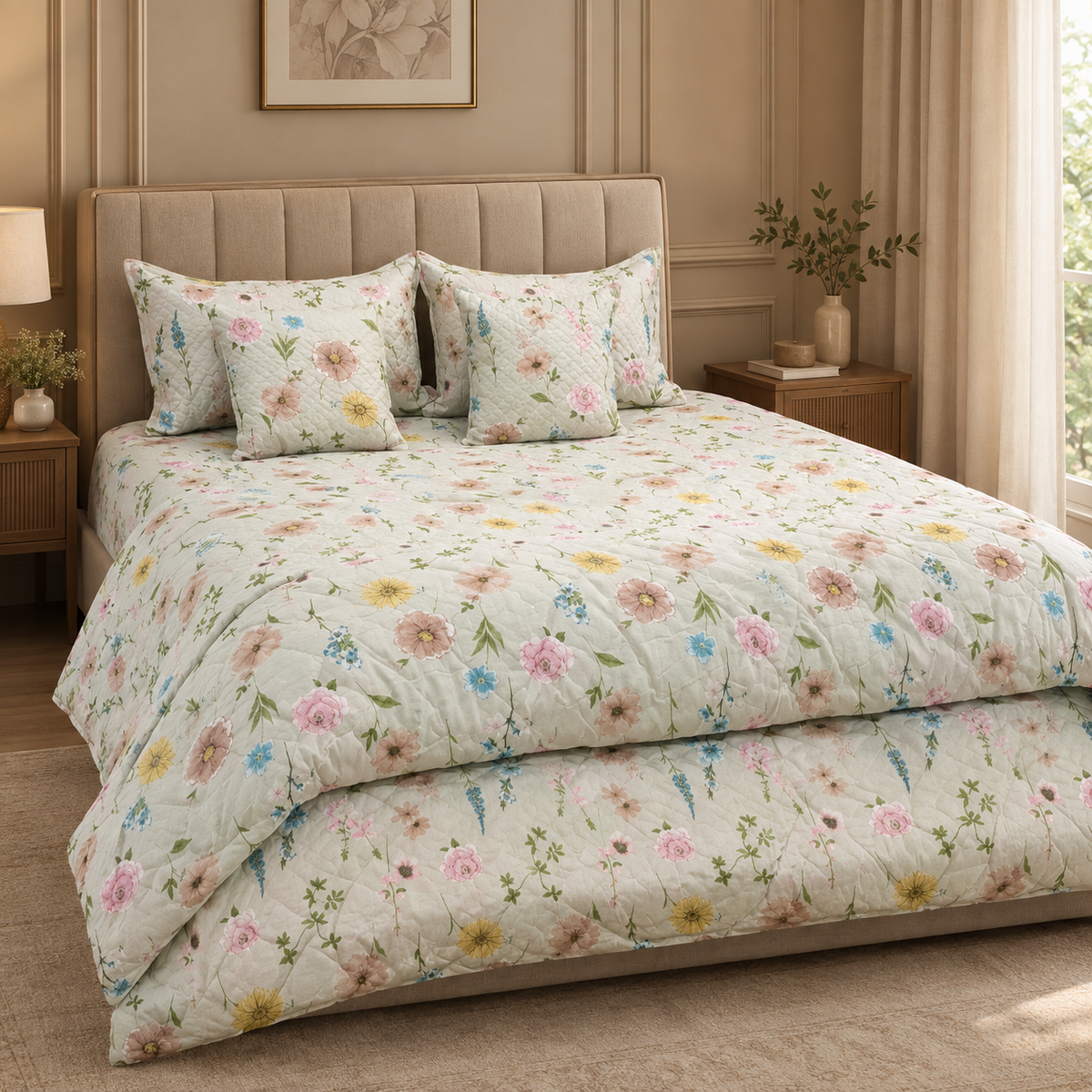 Daisy Whisper – 6 Pc King Size Bedset (108x108) | Quilted Cushion Set
