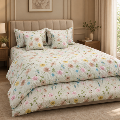 Daisy Whisper – 6 Pc King Size Bedset (108x108) | Quilted Cushion Set