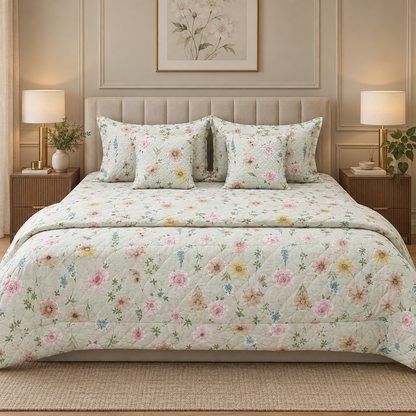 Daisy Whisper – 6 Pc King Size Bedset (108x108) | Quilted Cushion Set