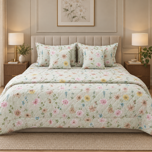 Daisy Whisper – 6 Pc King Size Bedset (108x108) | Quilted Cushion Set