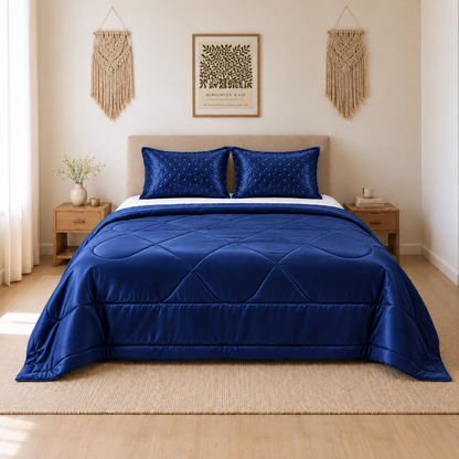 A neatly made bed in a bright bedroom, covered with a rich royal blue quilted comforter and matching blue pillows. The room has light wood flooring, a beige headboard, wooden nightstands, a woven rug, and neutral-toned wall decor including macrame wall hangings and framed art.